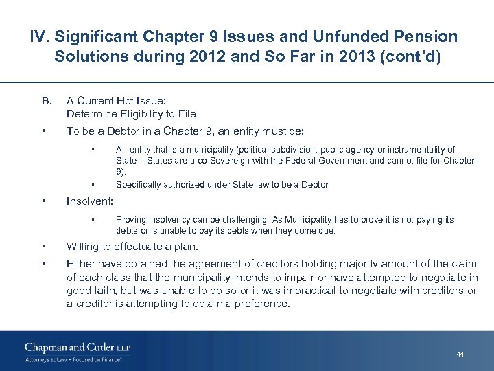 IV. Significant Chapter 9 Issues and Unfunded Pension Solutions during 2012 and So Far