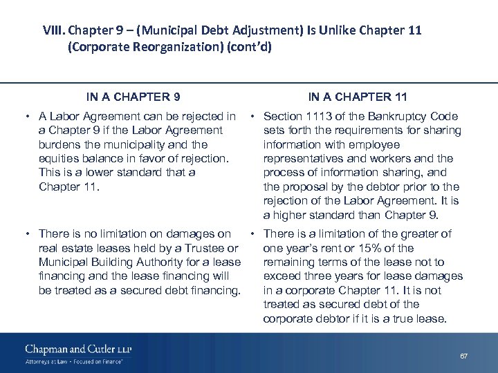 VIII. Chapter 9 – (Municipal Debt Adjustment) Is Unlike Chapter 11 (Corporate Reorganization) (cont’d)