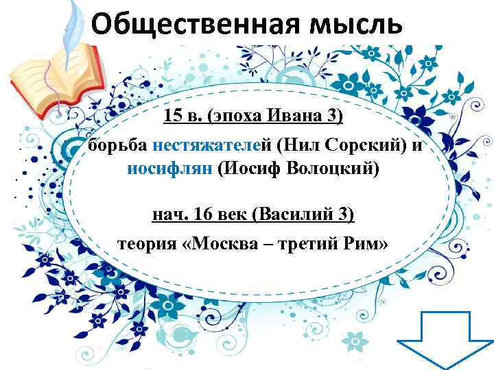 Общественная мысль 15 в. (эпоха Ивана 3) борьба нестяжателей (Нил Сорский) и иосифлян (Иосиф