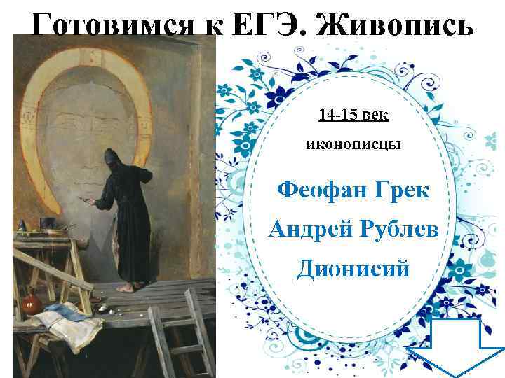 Готовимся к ЕГЭ. Живопись 14 -15 век иконописцы Феофан Грек Андрей Рублев Дионисий 