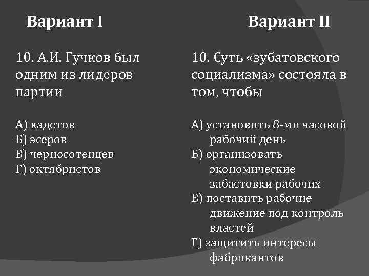 Вариант II 10. А. И. Гучков был одним из лидеров партии 10. Суть «зубатовского