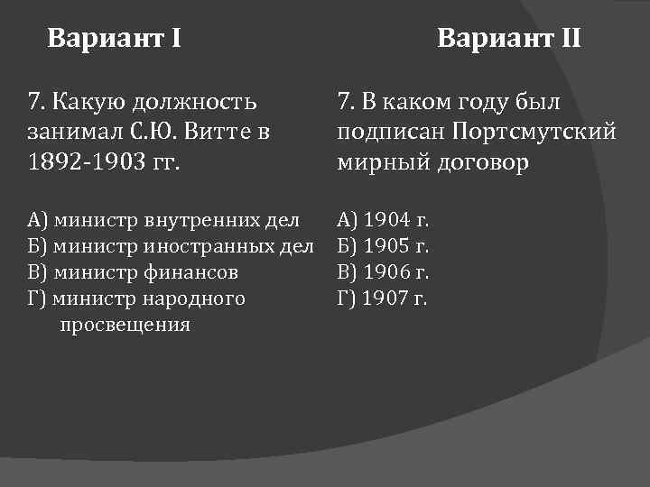 Вариант II 7. Какую должность занимал С. Ю. Витте в 1892 -1903 гг. 7.