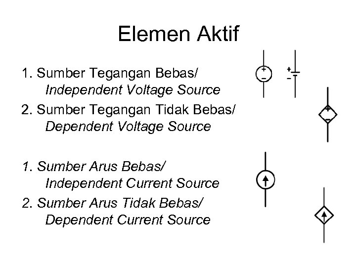 Elemen Aktif 1. Sumber Tegangan Bebas/ Independent Voltage Source 2. Sumber Tegangan Tidak Bebas/