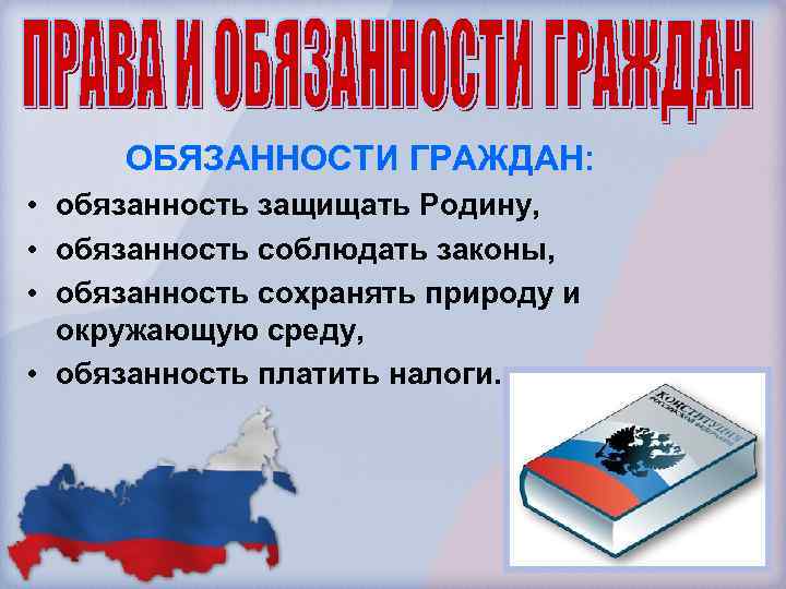 ОБЯЗАННОСТИ ГРАЖДАН: • обязанность защищать Родину, • обязанность соблюдать законы, • обязанность сохранять природу