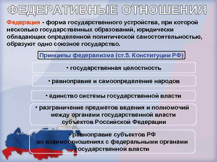 Федерация - форма государственного устройства, при которой несколько государственных образований, юридически обладающих определенной политической