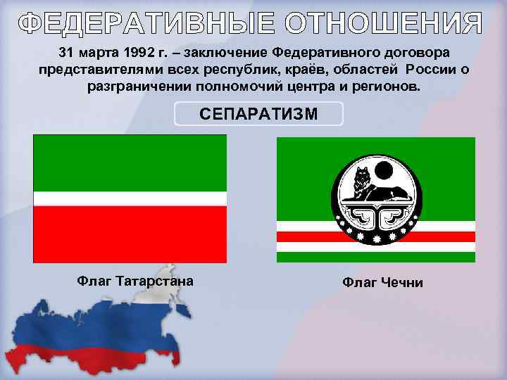 31 марта 1992 г. – заключение Федеративного договора представителями всех республик, краёв, областей России