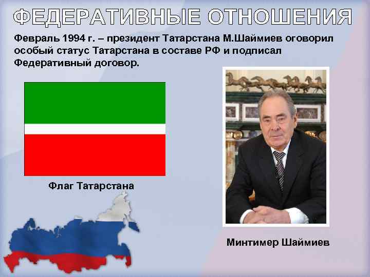 Февраль 1994 г. – президент Татарстана М. Шаймиев оговорил особый статус Татарстана в составе