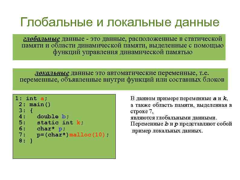 Глобальные и локальные данные глобальные данные - это данные, расположенные в статической памяти и