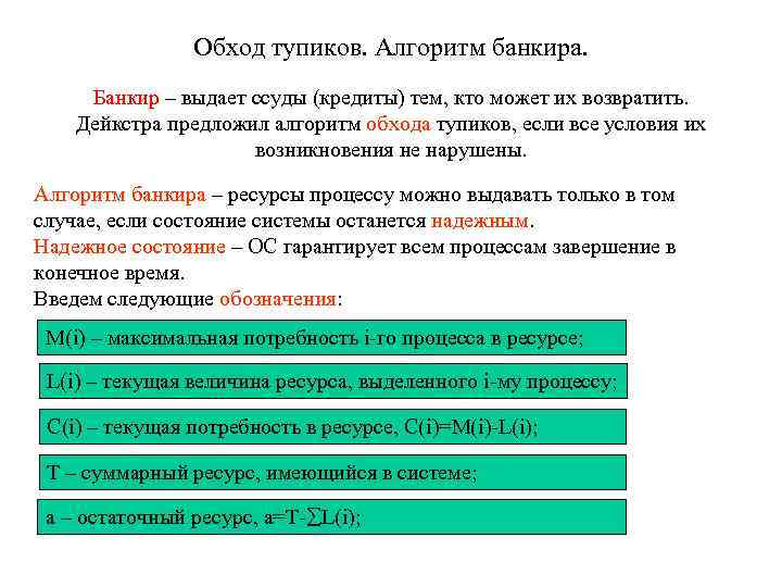 Обход тупиков. Алгоритм банкира. Банкир – выдает ссуды (кредиты) тем, кто может их возвратить.