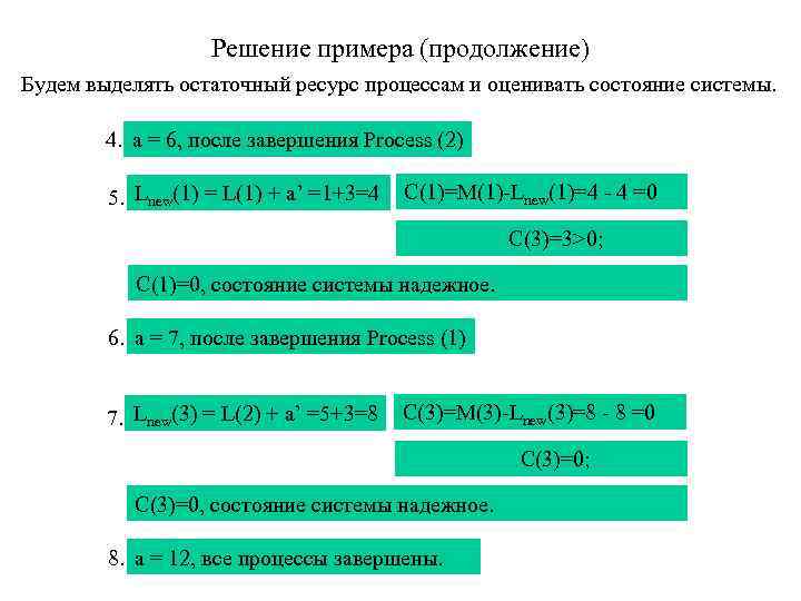 Решение примера (продолжение) Будем выделять остаточный ресурс процессам и оценивать состояние системы. 4. a