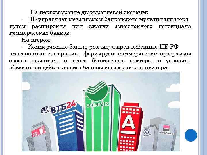 На первом уровне двухуровневой системы: - ЦБ управляет механизмом банковского мультипликатора путем расширения или