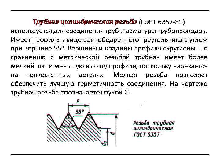 Трубная цилиндрическая резьба (ГОСТ 6357 -81) используется для соединения труб и арматуры трубопроводов. Имеет