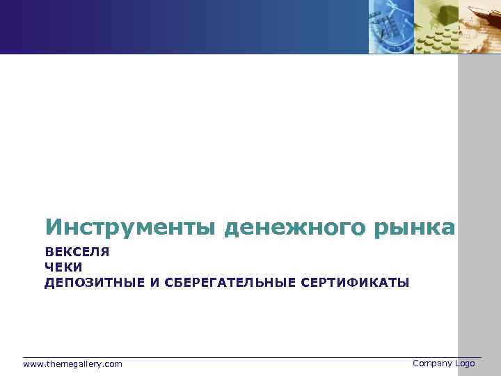 Инструменты денежного рынка ВЕКСЕЛЯ ЧЕКИ ДЕПОЗИТНЫЕ И СБЕРЕГАТЕЛЬНЫЕ СЕРТИФИКАТЫ www. themegallery. com Company Logo