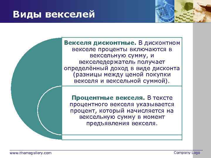 Виды векселей Векселя дисконтные. В дисконтном векселе проценты включаются в вексельную сумму, и векселедержатель