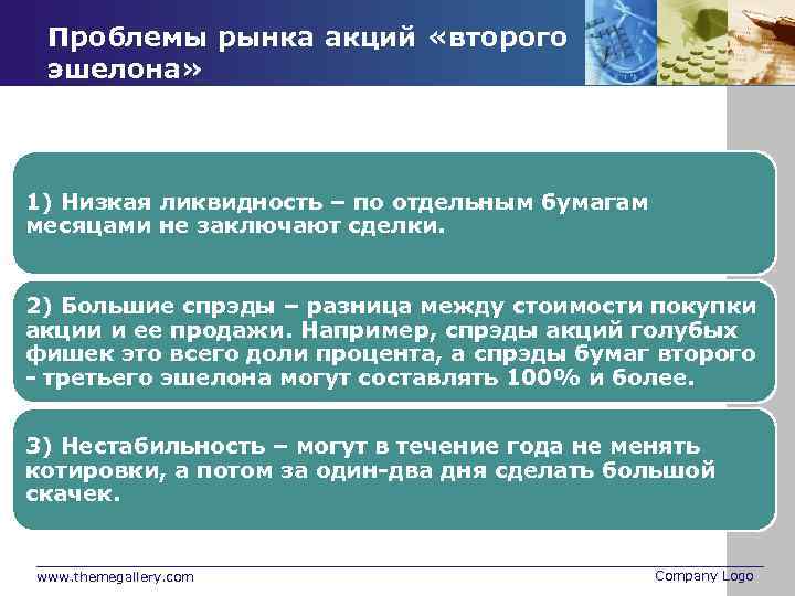 Проблемы рынка акций «второго эшелона» 1) Низкая ликвидность – по отдельным бумагам месяцами не