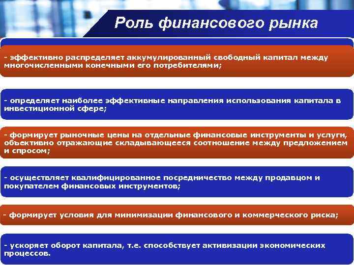 Роль финансового рынка Company name - мобилизует временно свободный капитал из многообразных источников; эффективно