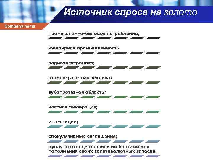 Источник спроса на золото Company name промышленно бытовое потребление; ювелирная промышленность; радиоэлектроника; атомно ракетная