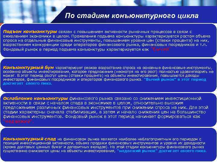 По стадиям конъюнктурного цикла Company name Подъем конъюнктуры связан с повышением активности рыночных процессов