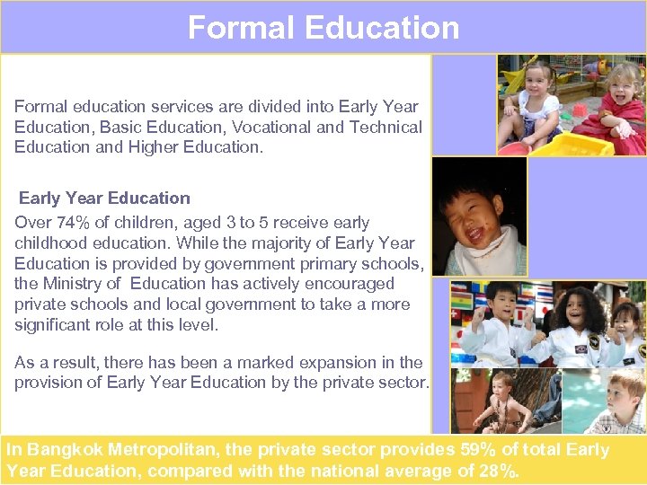 Formal Education Formal education services are divided into Early Year Education, Basic Education, Vocational
