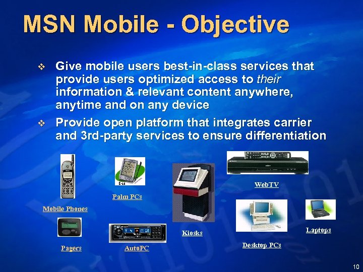 MSN Mobile - Objective v v Give mobile users best-in-class services that provide users