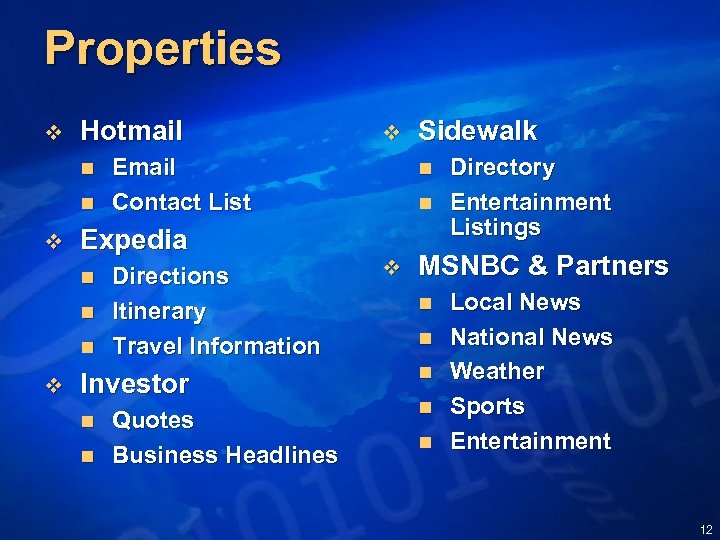 Properties v Hotmail n n v Email Contact List Expedia n Directions Itinerary Travel