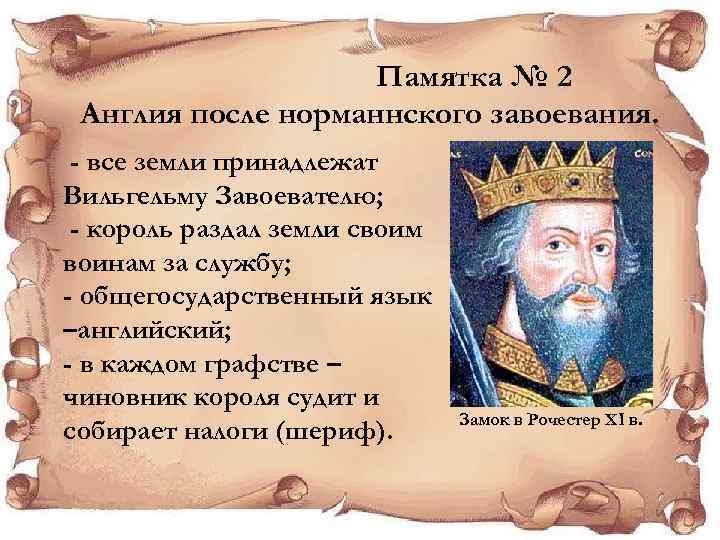Памятка № 2 Англия после норманнского завоевания. - все земли принадлежат Вильгельму Завоевателю; -