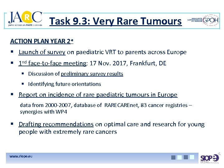 Task 9. 3: Very Rare Tumours ACTION PLAN YEAR 2* § Launch of survey