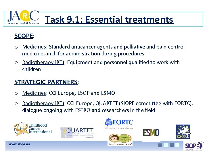 Task 9. 1: Essential treatments SCOPE: o Medicines: Standard anticancer agents and palliative and