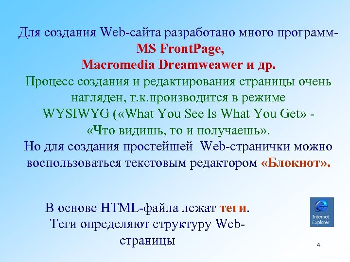 Для создания Web сайта разработано много программ MS Front. Page, Macromedia Dreamweawer и др.