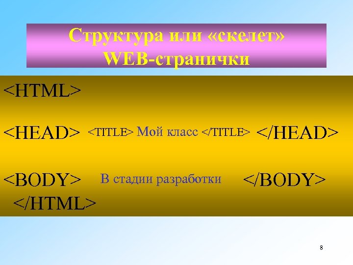 Структура или «скелет» WEB-странички <HTML> <TITLE> Мой класс </TITLE> <HEAD> </HEAD> В стадии разработки