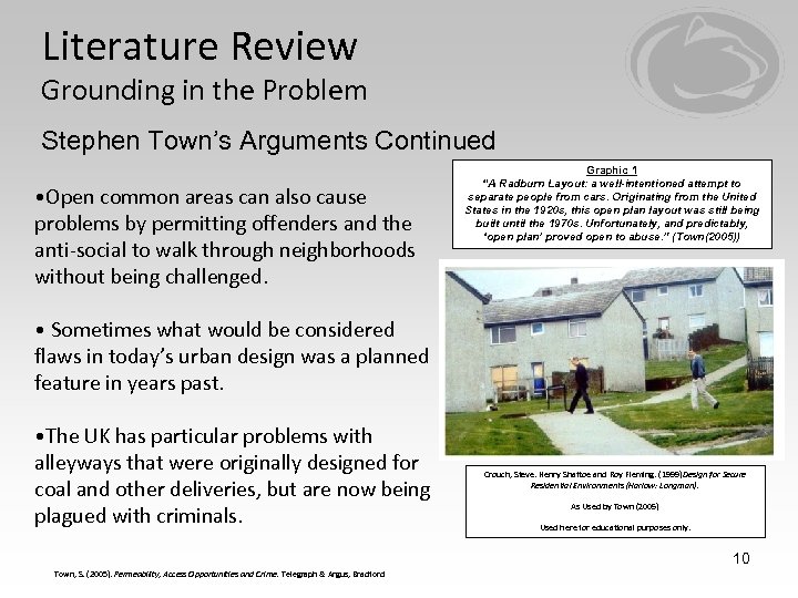 Literature Review Grounding in the Problem Stephen Town’s Arguments Continued • Open common areas
