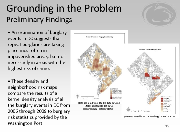 Grounding in the Problem Preliminary Findings • An examination of burglary events in DC