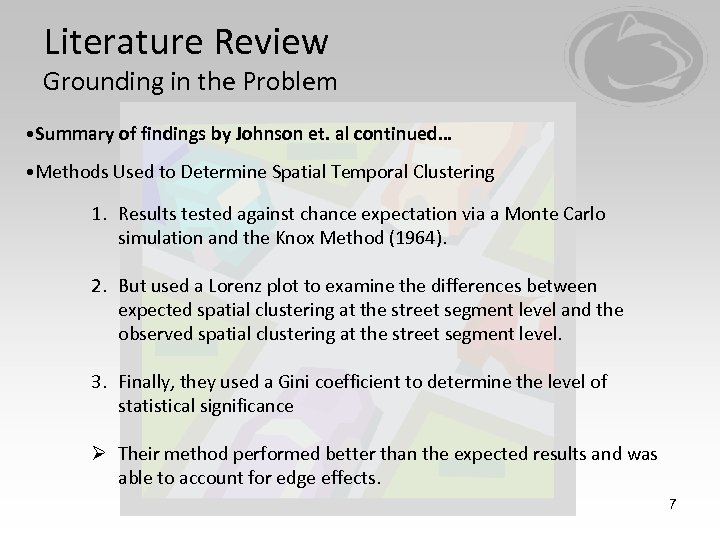 Literature Review Grounding in the Problem • Summary of findings by Johnson et. al