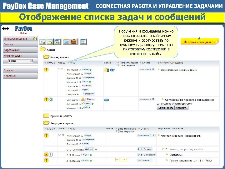 Отображение списка задач и сообщений Поручения и сообщения можно просматривать в табличном режиме и