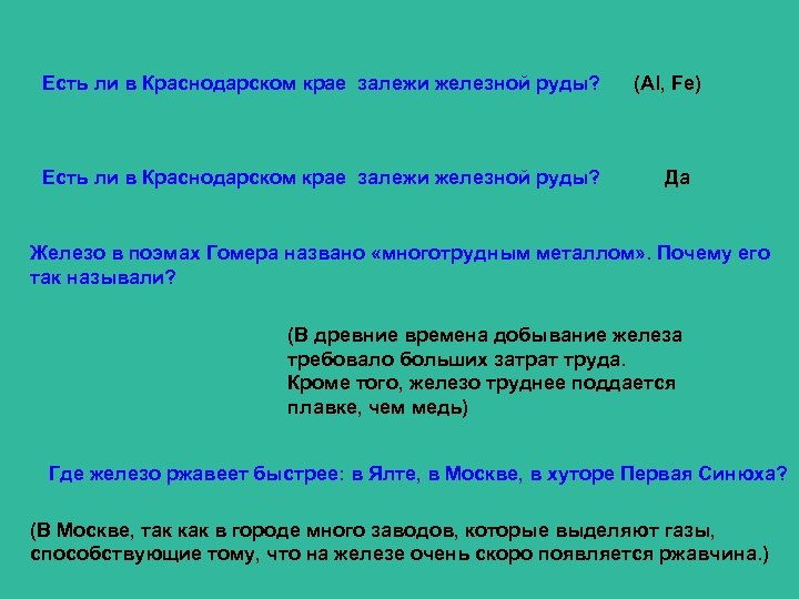 Есть ли в Краснодарском крае залежи железной руды? (Al, Fe) Да Железо в поэмах