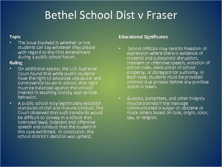 Bethel School Dist v Fraser Topic • The issue involved is whether or not