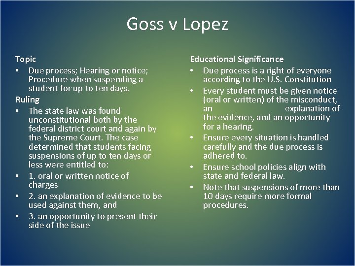 Goss v Lopez Topic • Due process; Hearing or notice; Procedure when suspending a