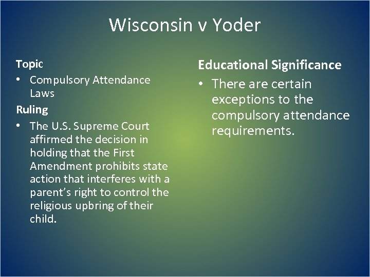 Wisconsin v Yoder Topic • Compulsory Attendance Laws Ruling • The U. S. Supreme