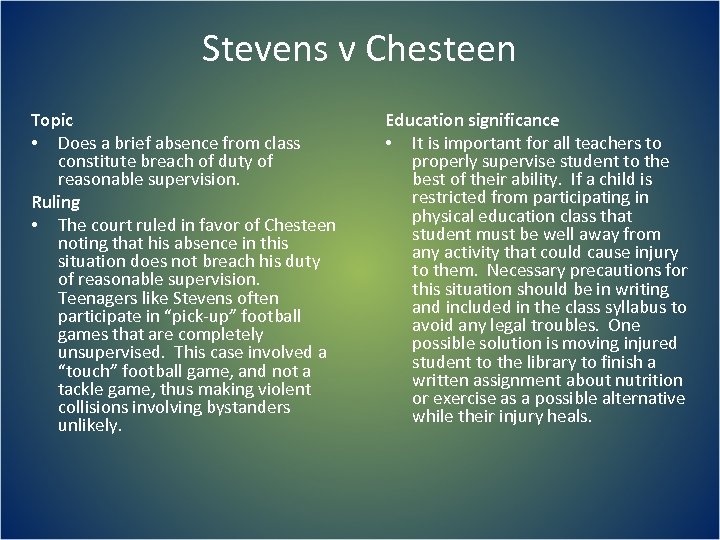 Stevens v Chesteen Topic • Does a brief absence from class constitute breach of