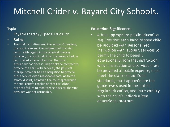  Mitchell Crider v. Bayard City Schools. Topic • Physical Therapy / Special Education