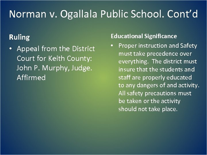 Norman v. Ogallala Public School. Cont’d Ruling • Appeal from the District Court for