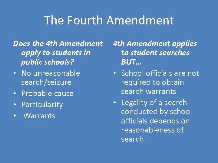 The Fourth Amendment Does the 4 th Amendment apply to students in public schools?