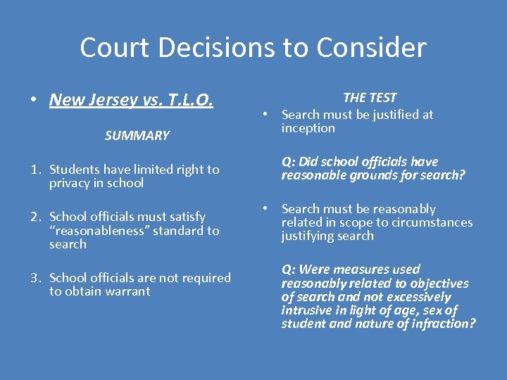 Court Decisions to Consider • New Jersey vs. T. L. O. SUMMARY 1. Students