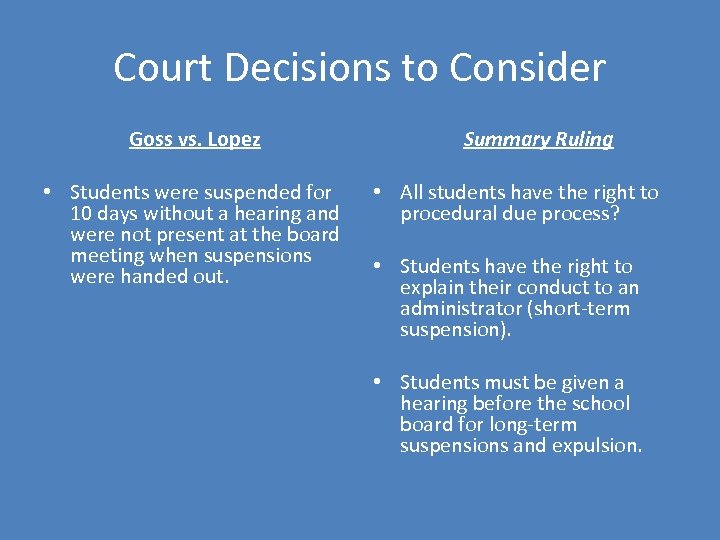 Court Decisions to Consider Goss vs. Lopez • Students were suspended for 10 days