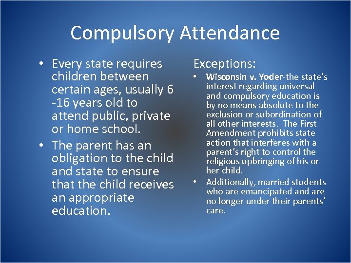 Compulsory Attendance • Every state requires children between certain ages, usually 6 -16 years