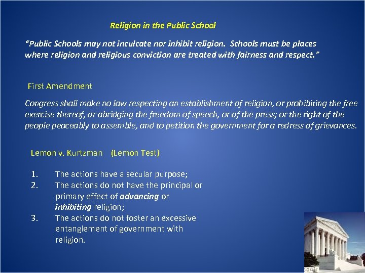 Religion in the Public School “Public Schools may not inculcate nor inhibit religion. Schools