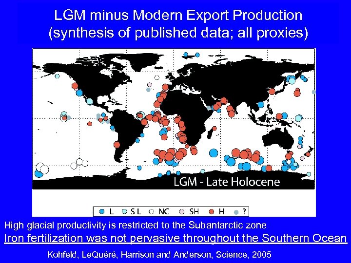 LGM minus Modern Export Production (synthesis of published data; all proxies) High glacial productivity