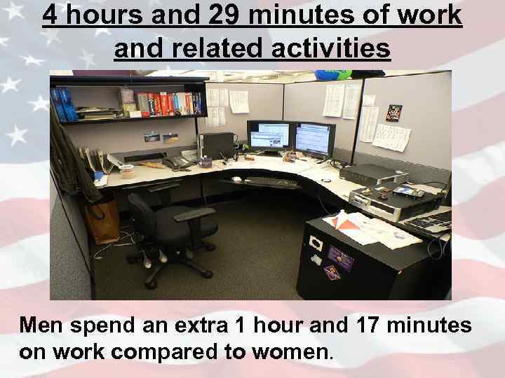 4 hours and 29 minutes of work and related activities Men spend an extra