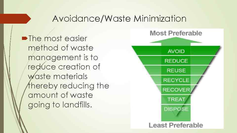 Avoidance/Waste Minimization The most easier method of waste management is to reduce creation of