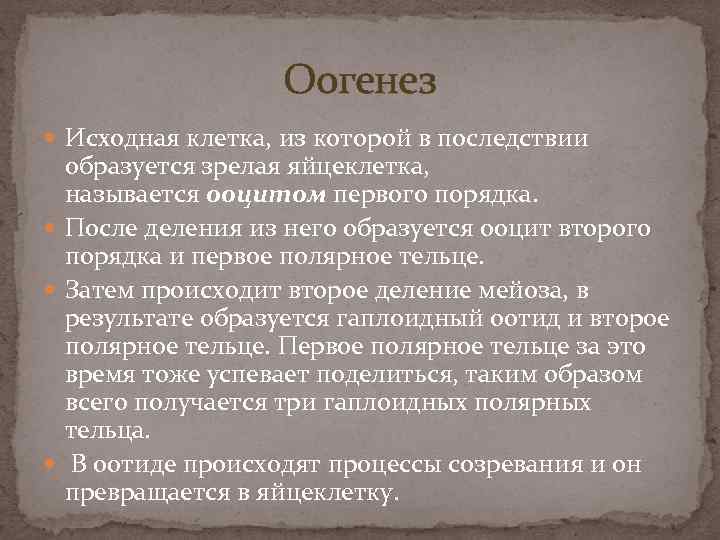 Оогенез Исходная клетка, из которой в последствии образуется зрелая яйцеклетка, называется ооцитом первого порядка.